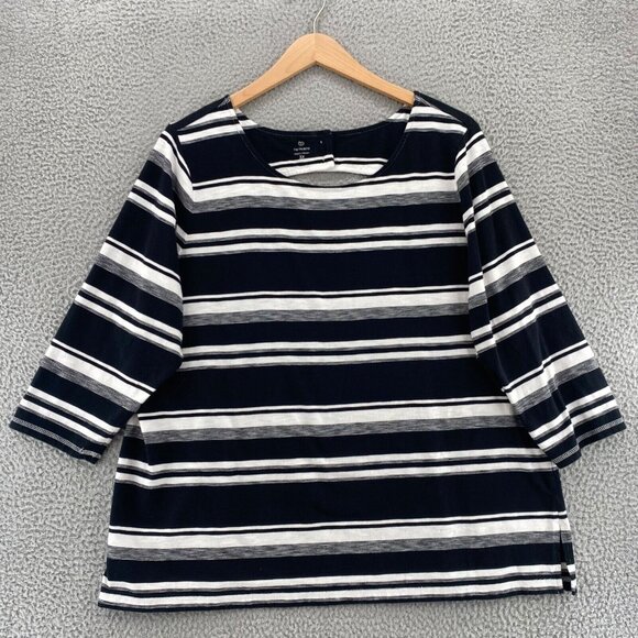 T By Talbots Top Womens 3X Plus Black Striped Cutout Back 3/4 Sleeves Stretch - Picture 1 of 10